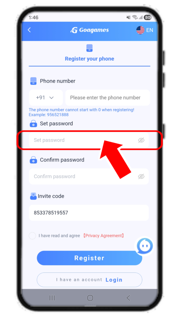 Goagames Register set password