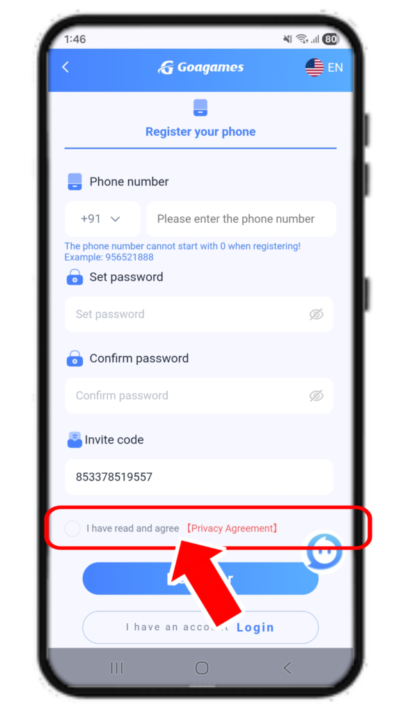 Goagames Register agree terms