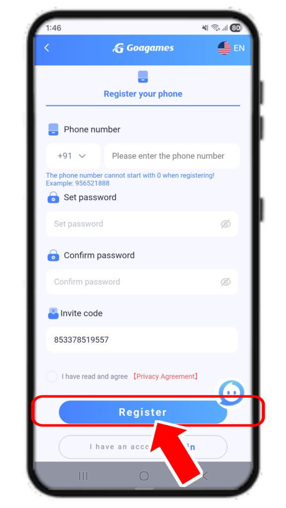 Goagames Register -register button