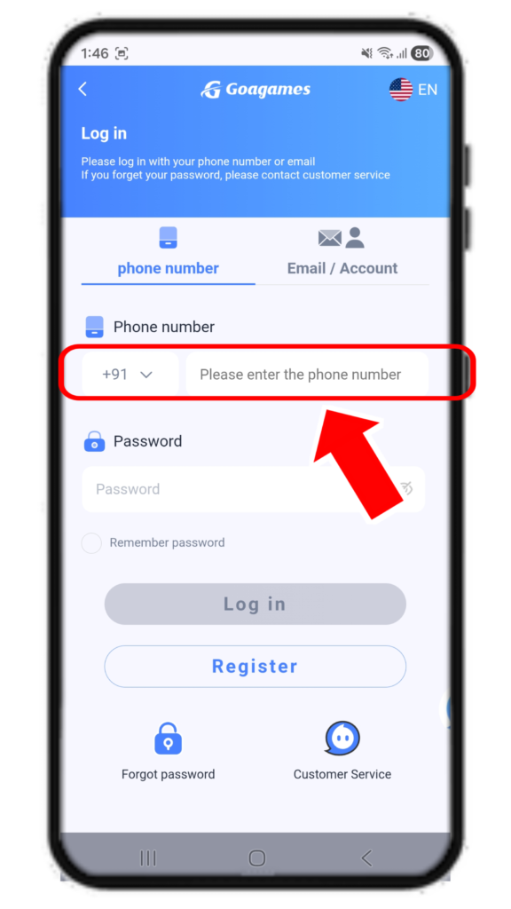 Goagames Login enter Phone Number