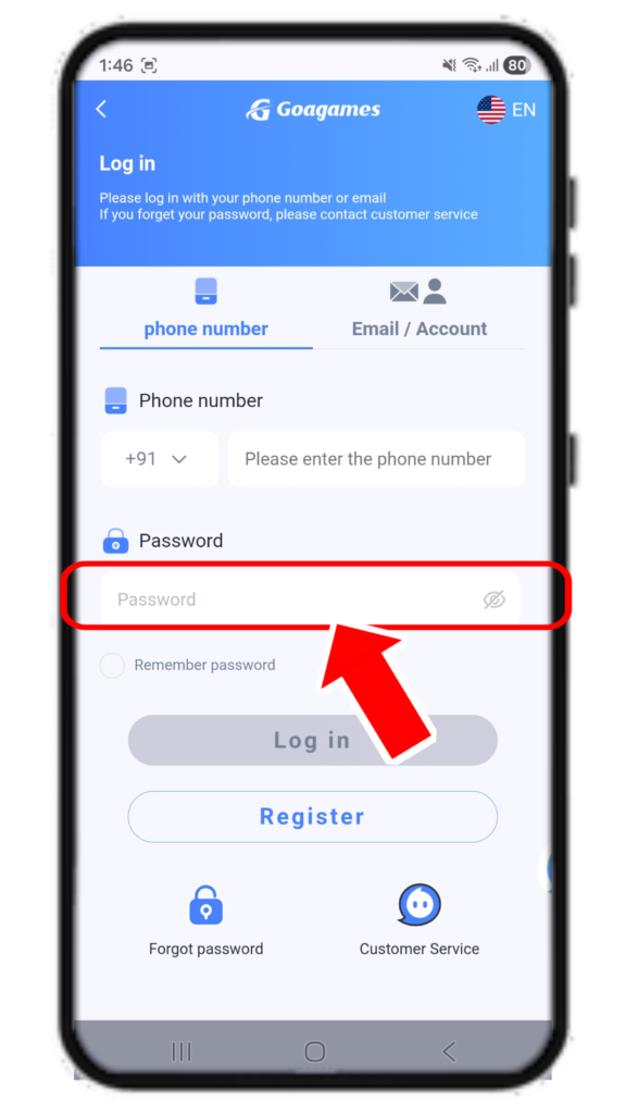 Goagames Login enter password